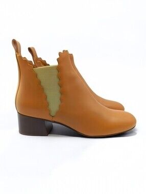 Chloé Lauren Scalloped Leather Booties Camel Brown EU 38 US 8
